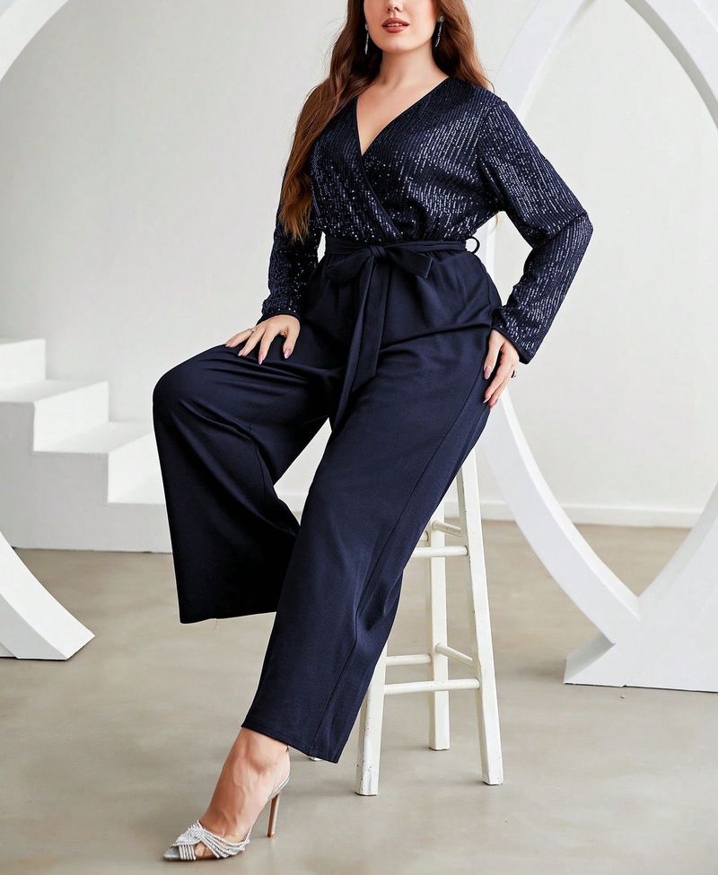 Jumpsuit für Damen in Übergröße – Sexy Palazzo-Hose mit V-Ausschnitt und weitem Bein, Glitzer, hoher Taille, Loungewear für Arbeit und Party (0XL–4XL, Marineblau)_voghion.com