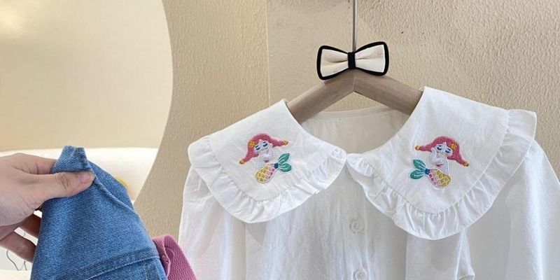 Abbigliamento per bambini Camicia ricamata con sirena e gonna in denim, set da due pezzi_voghion.com