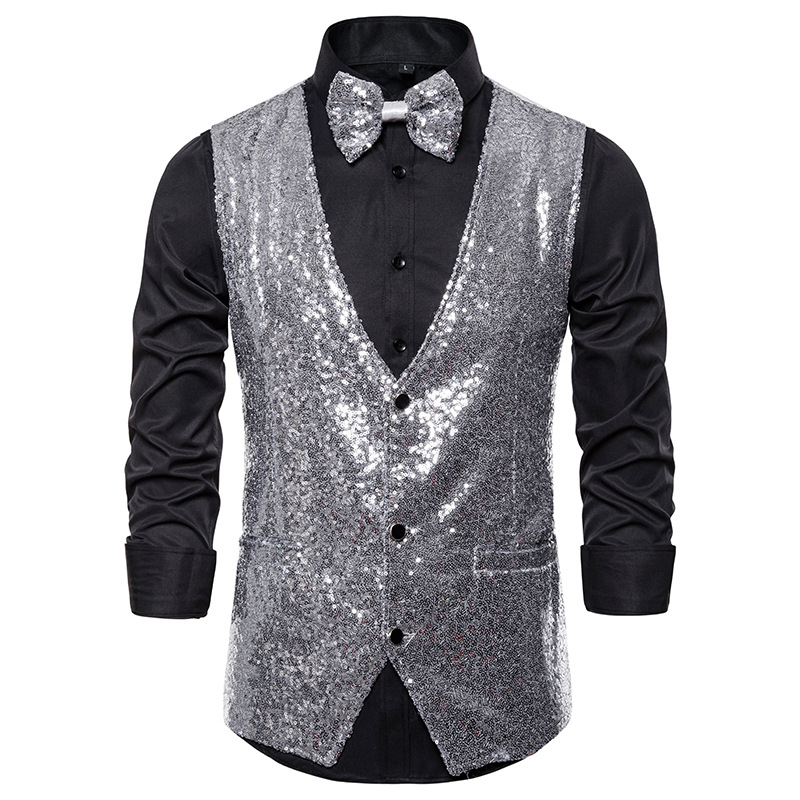 Men's stage costume small sequin vest studio photo host Singer MC vest_voghion.com