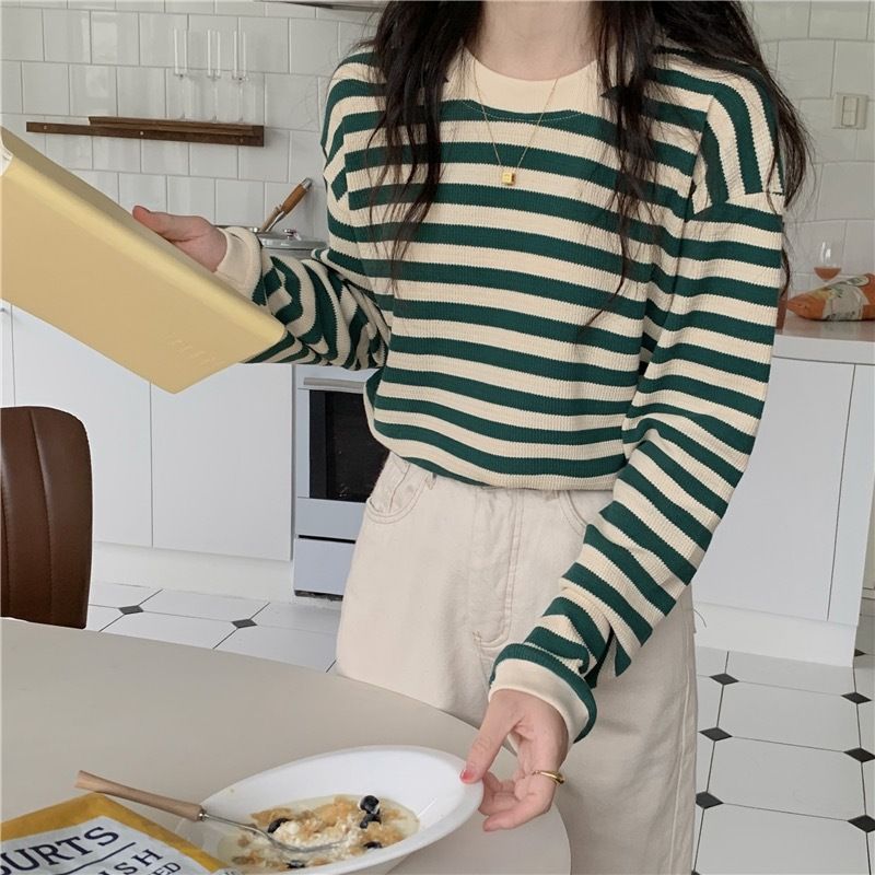 Maglietta a maniche lunghe con base a righe color-block per donna, elegante e casual, per l'inizio dell'autunno, per il pendolarismo_voghion.com