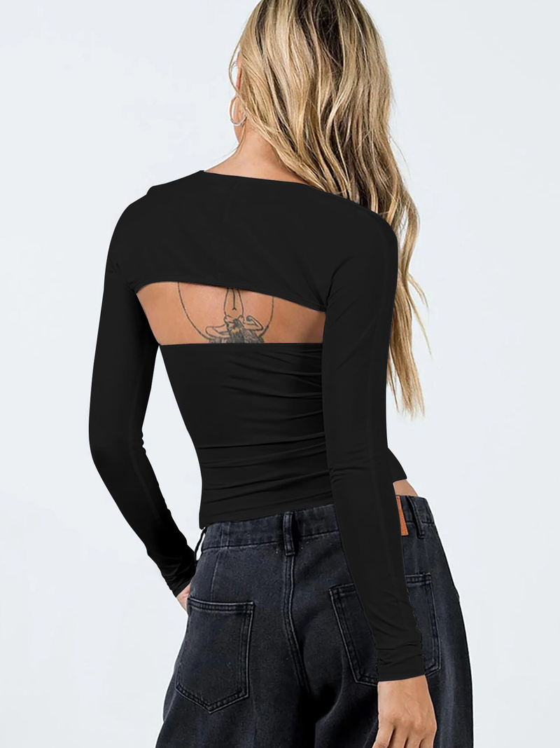 Sexy T-skjorte med tubetopp og langermet tettsittende bluse til dame, todelt sett med topper_voghion.com