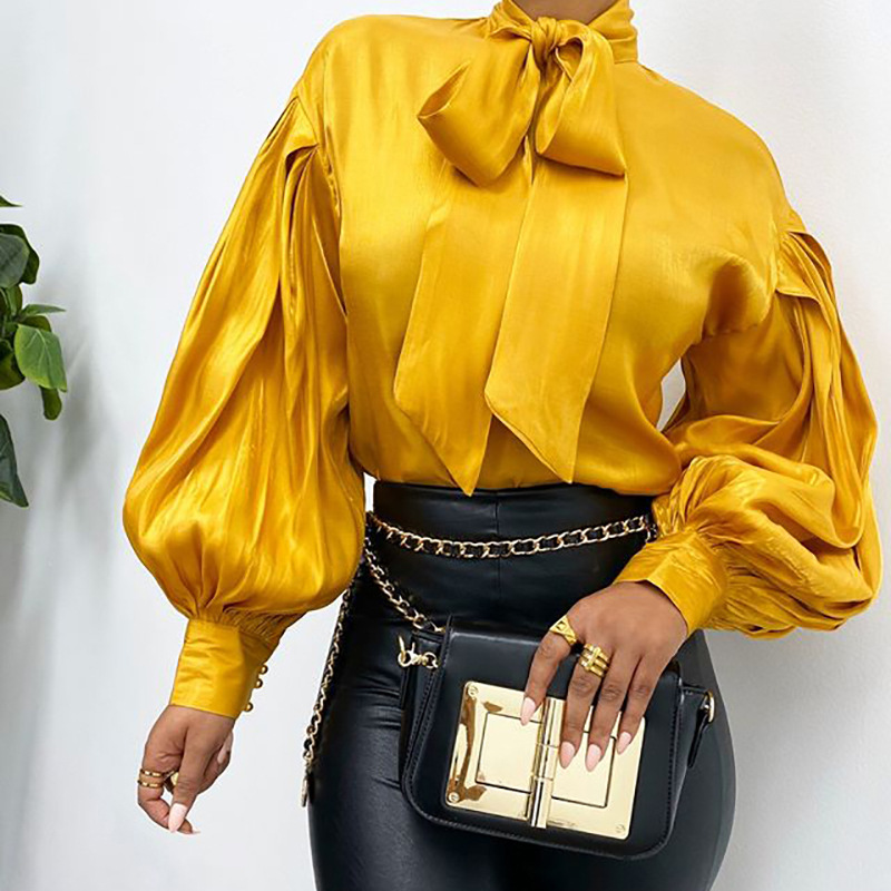 Women's Casual Shirt With Christmas Satin Tie Top In Solid Color_voghion.com