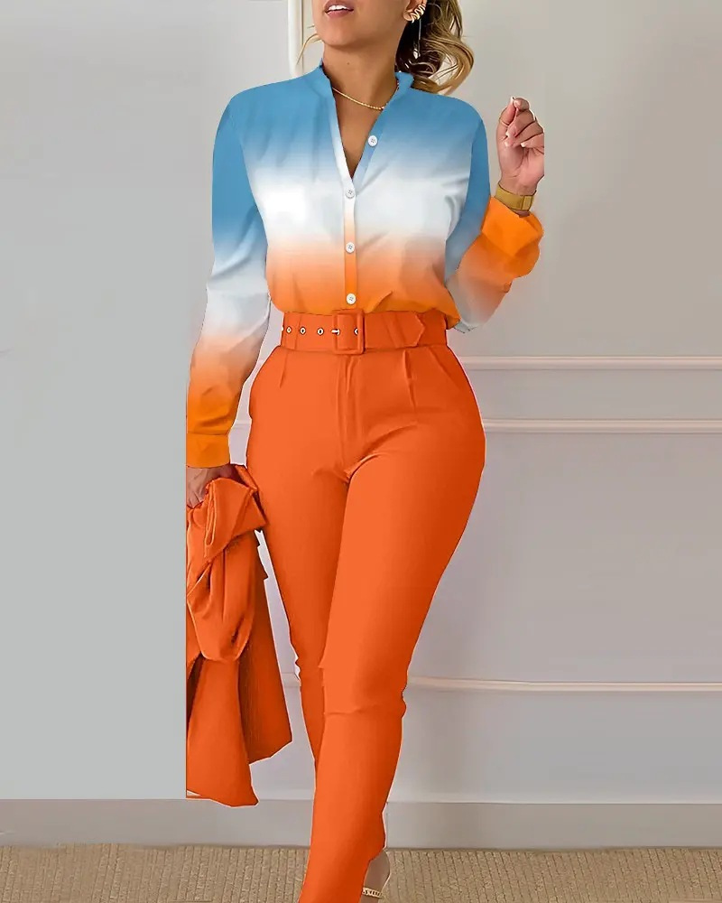 Damenmode-Modedruck-Langarmoberteil einfarbiges Hosenset mit Gürtel_voghion.com
