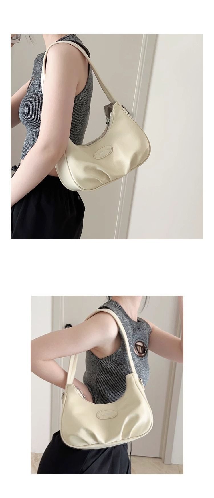 Borsa a tracolla con tasca per ascella francese, in vera pelle, elegante, argento, da donna, primavera estate 2025, alla moda, casual_voghion.com