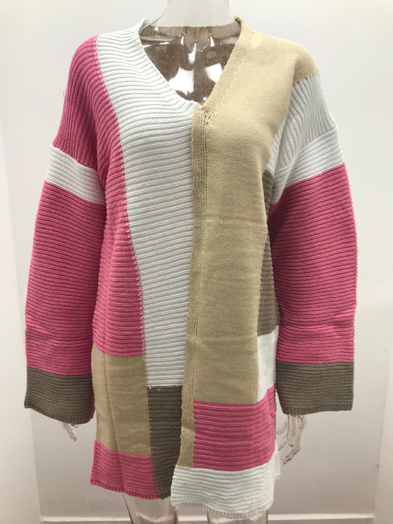 Women's large size loose geometric color matching sweater cardigan_voghion.com