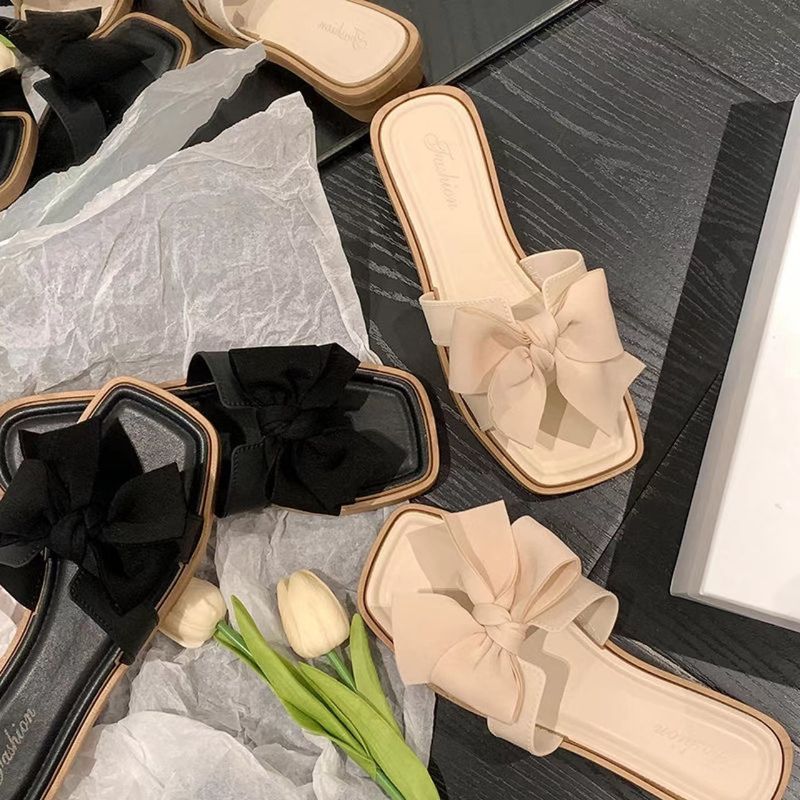 New Spring And Autumn Heel Bow Sandals Fashion Women's Outwear One Line Slippers For Trendy Korean Edition_voghion.com