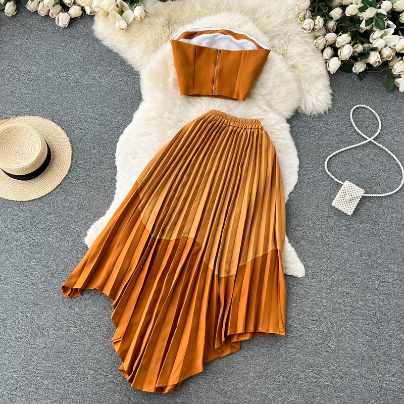 Women's Summer Contrasting Color Tube Top, Irregular Pleated Skirt, Trendy_voghion.com