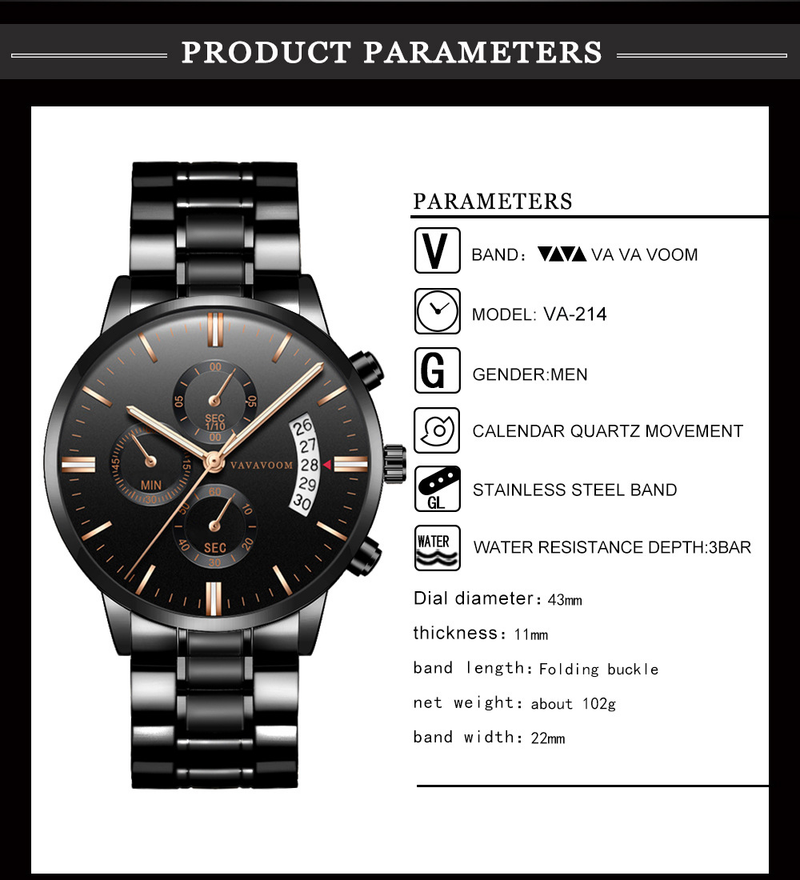 Pulseira de aço inoxidável Relógio de quartzo calendário de negócios à prova d'água preto relógio de precisão masculino_voghion.com
