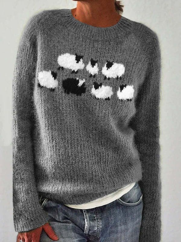 Damenbekleidung, modischer Strickpullover mit Rundhalsausschnitt, Farbblock, lockere Passform, lässige Oberteile_voghion.com