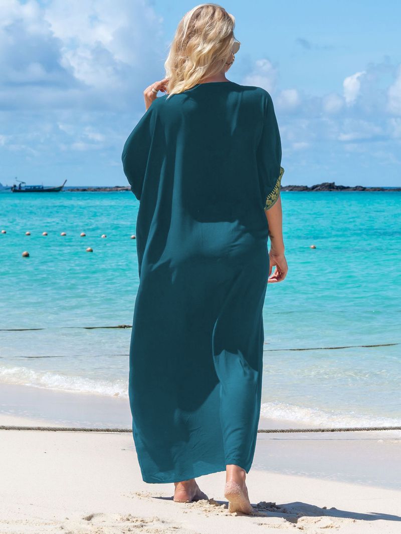 Robe de plage brodée en coton pour femme - Jupe longue portefeuille légère pour maillot de bain et protection solaire_voghion.com