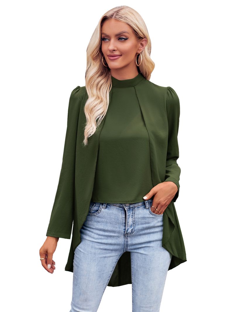 Abbigliamento da donna, camicia in due pezzi finta a maniche lunghe, tinta unita, collo semi-alto, casual, da donna_voghion.com