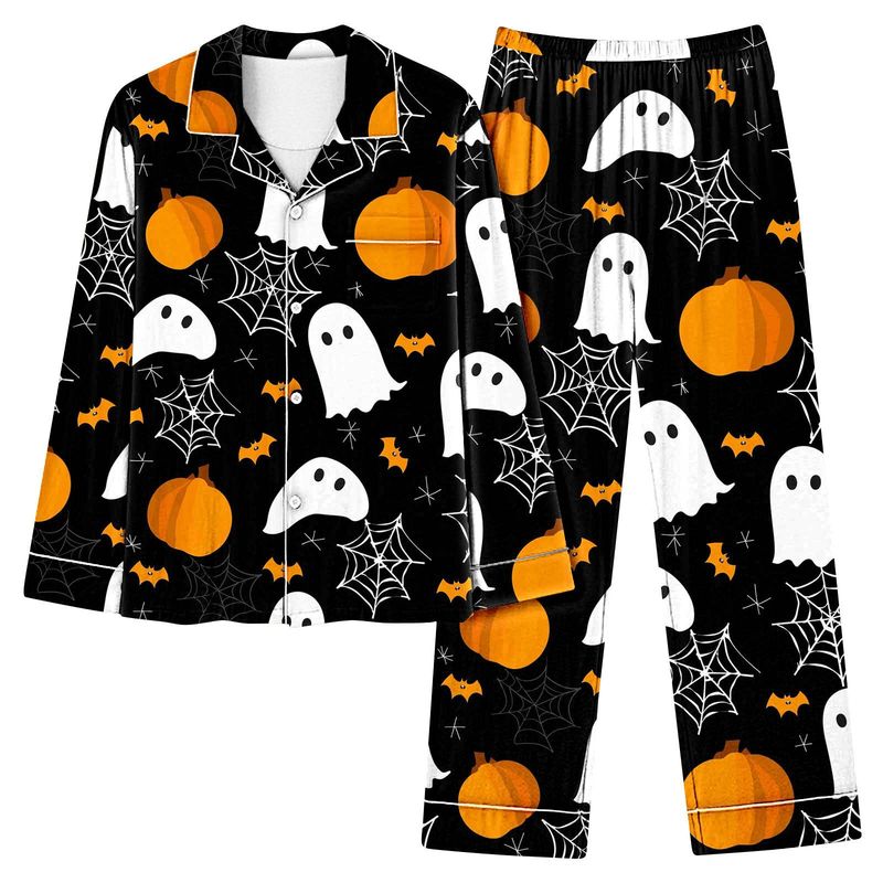 Individuelles Halloween-Pyjama-Set für Damen – Langarm-Button-Down-Oberteil und Lounge-Hose (atmungsaktives Polyester, leicht, XS-4XL, Heim- und Nachtwäsche)_voghion.com