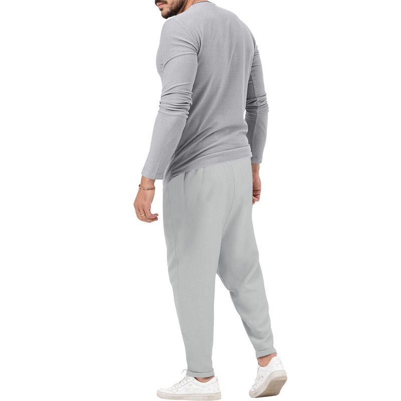 Men's solid color casual long-sleeved Henry T-shirt pantsuit_voghion.com
