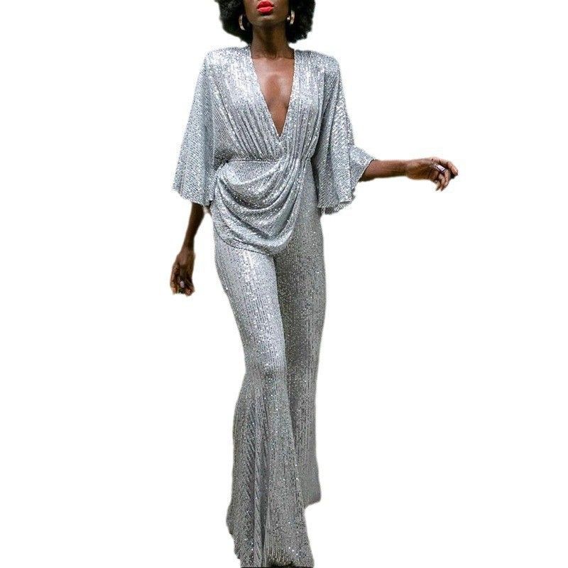 Women's Clothing Sequined Sexy Deep V Backless Jumpsuit Pants_voghion.com