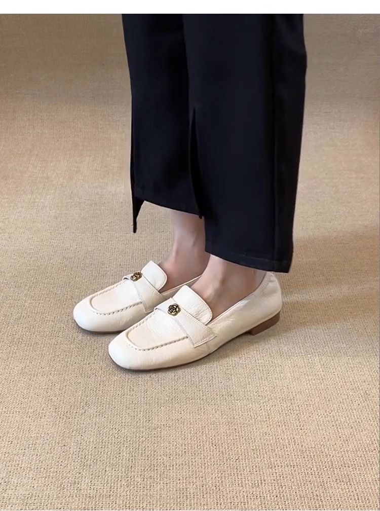 Schaffell-Version ~ Sanfte weiße elegante Slip-On flache Loafer Damen Square Toe Single Camellia kleine Lederschuhe_voghion.com