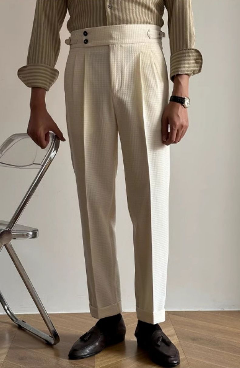 Men's Clothing Light Apricot Straight Naples High Waist Trousers Summer High Quality High Value Waffle Check Double Pleat Casual Trousers Men_voghion.com