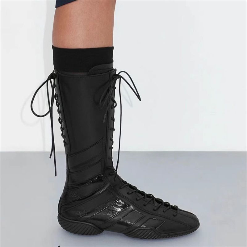 Damen Boxstiefel Modisch 2025 Herbst Winter Neue Coole Boxstiefel Ding Version Schnürung Patchwork Gestreifte Oberschicht Rindsleder Rein_voghion.com