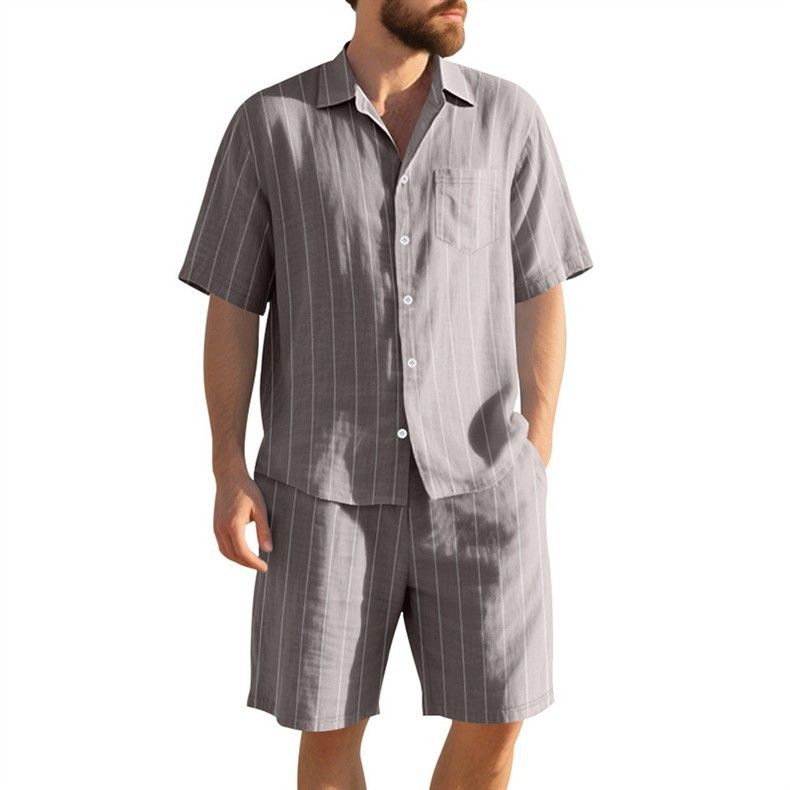 Vêtements pour hommes, costume d'été en lin pour hommes, chemise ample à manches courtes à rayures, short de plage, costume deux pièces_voghion.com