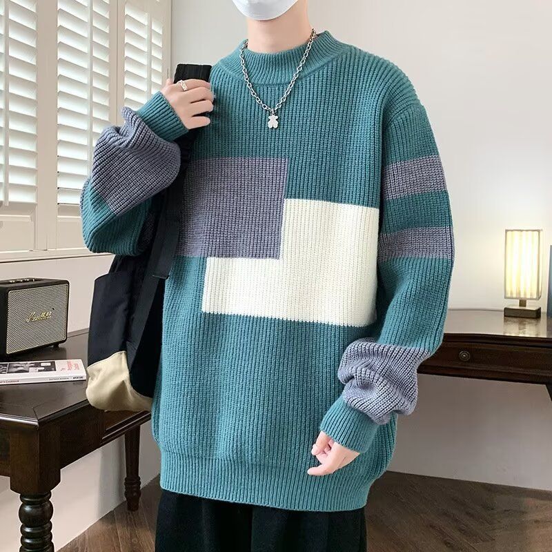 New color blocking striped sweater for men in autumn and winter, round neck long sleeved base sweater, thread jacket, warm knit sweater_voghion.com