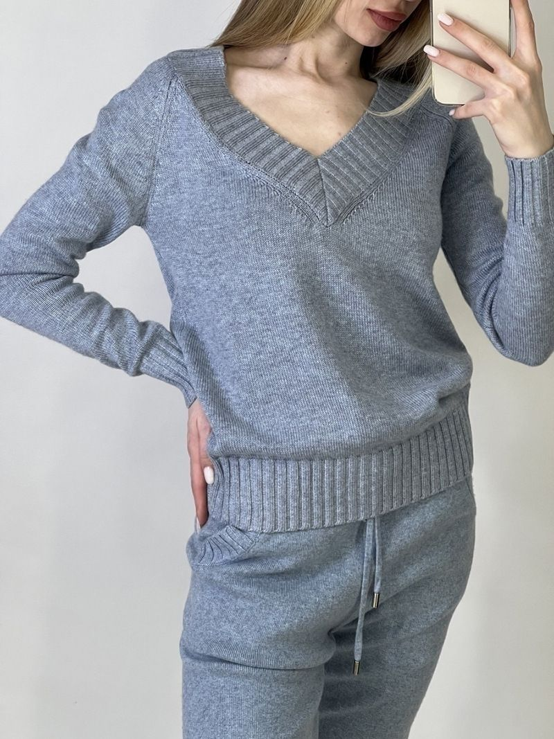 Maglione con scollo a V e pantaloni con tasche da donna, due pezzi_voghion.com