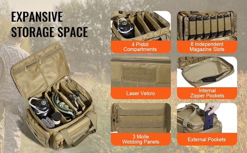 VEVOR Range Bag For 4 Pistols Tactical Gun Range Bag Single Shoulder Strip Brown_voghion.com