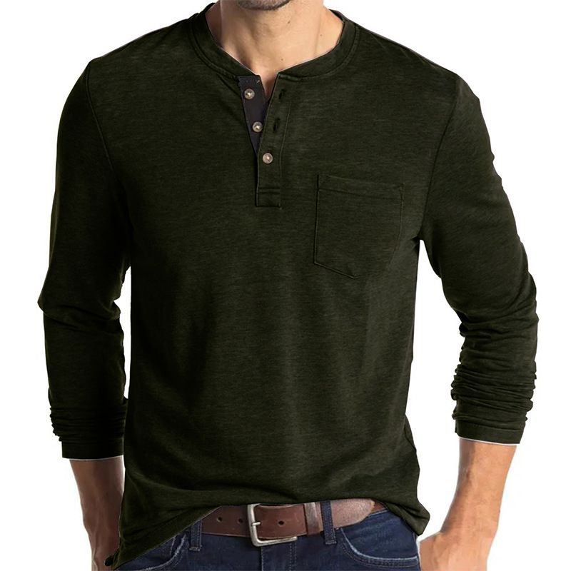 Henley-T-Shirts für Herren mit Knopfleiste, langen Ärmeln und Tasche, entspannte Passform, 100 % schwere Baumwolle_voghion.com