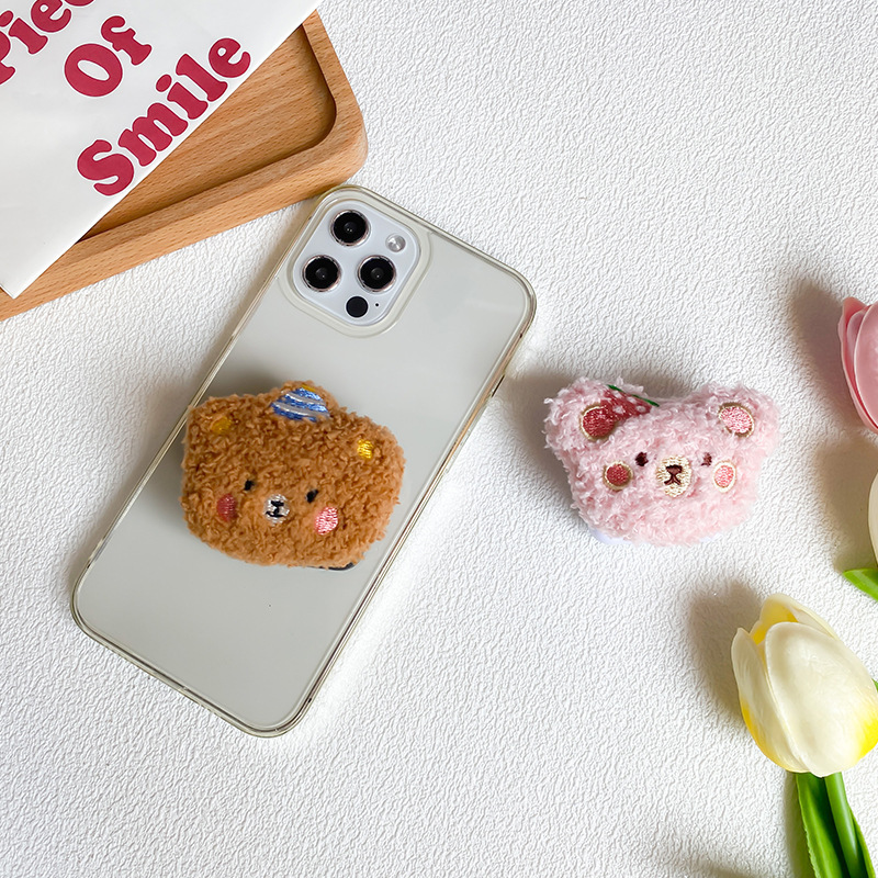 Mobile phone airbag holder plush cute little bear adhesive, stretchable and stable, makeup flip mirror, portable_voghion.com
