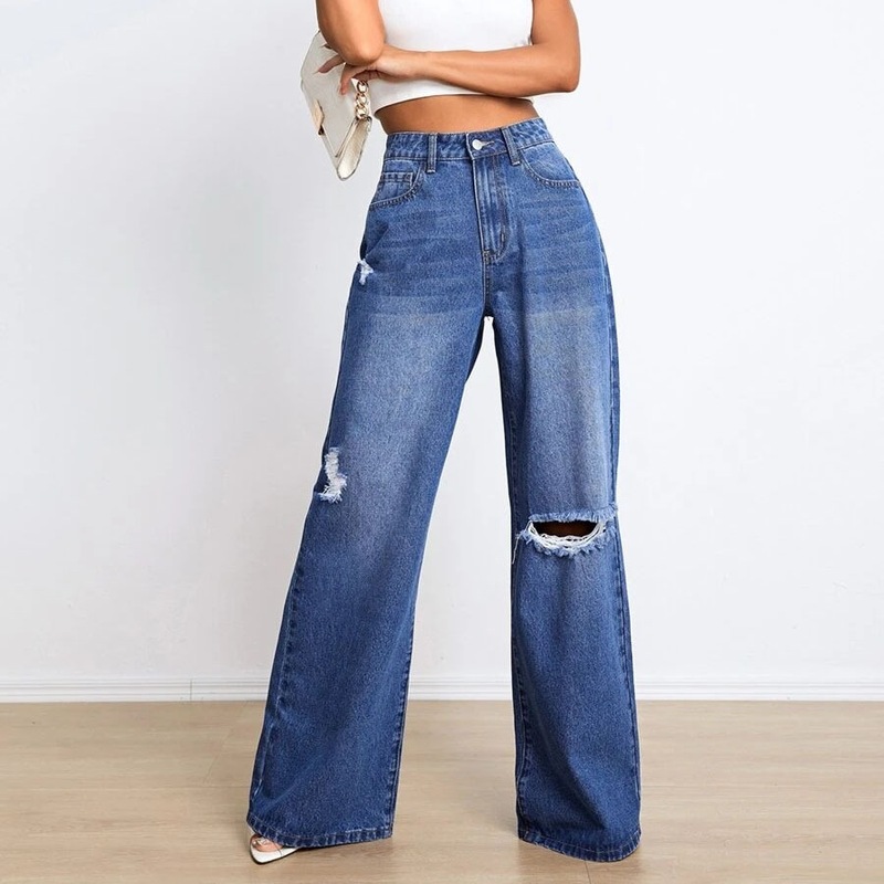 new jeans high waist ripped holes loose slimming wide leg pants_voghion.com