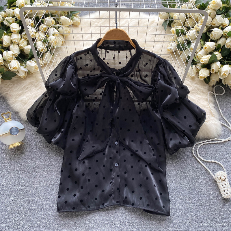 Women's puff sleeve tie bow polka dot shirt thin see-through loose slimming temperament chiffon shirt_voghion.com