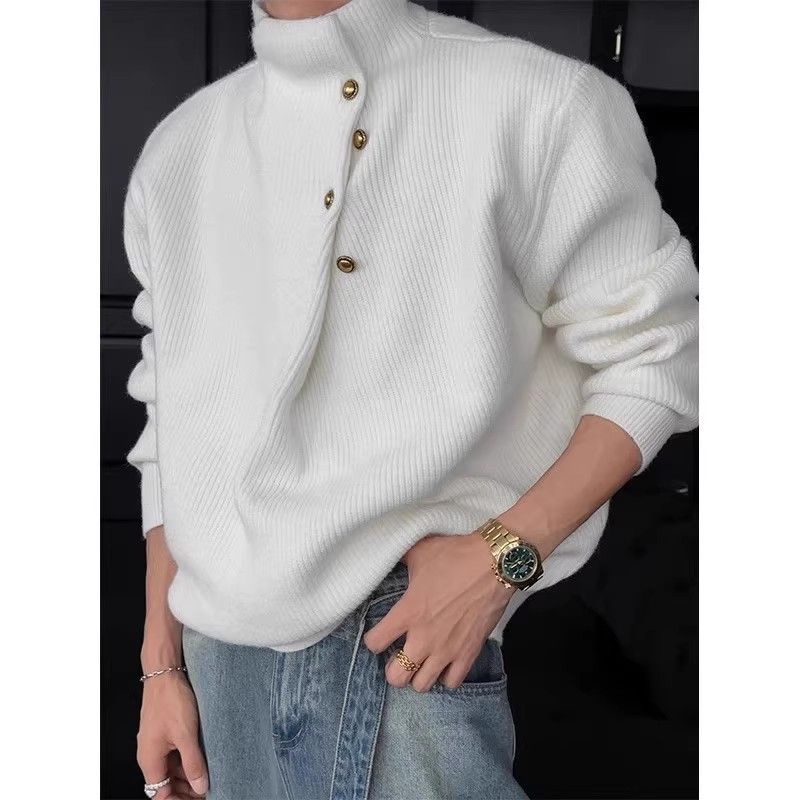 Pullover mit unregelmäßigem Knopfdesign und hohem Halsausschnitt für Männer im koreanischen Stil, trendige Marke, cooles und faules Oversize-Strickoberteil_voghion.com