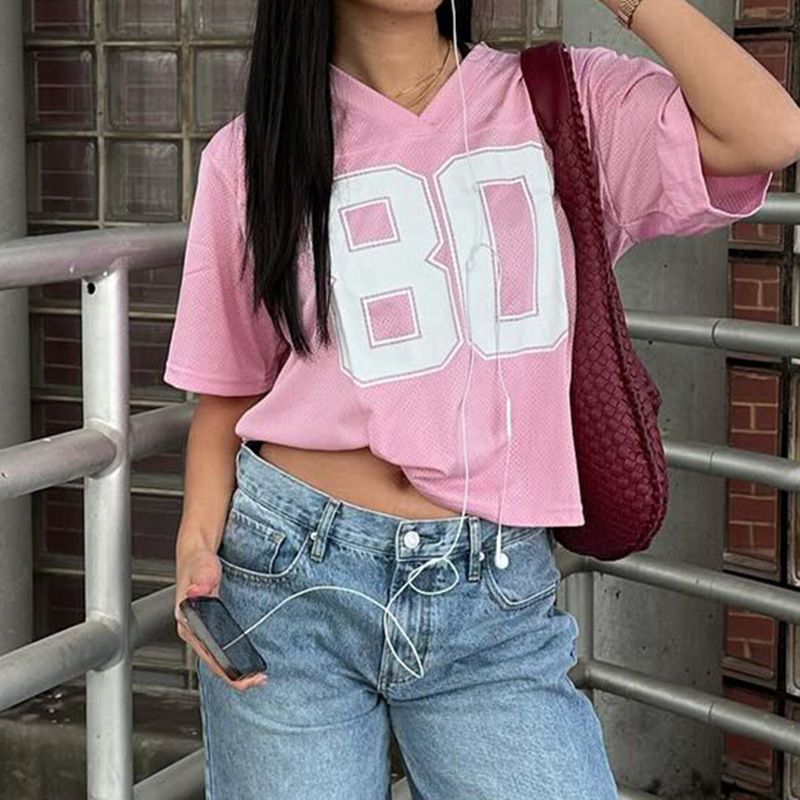 Abbigliamento da donna, stile street style, stile hottie, maglietta oversize con stampa di lettere, maniche corte, scollo a V, ampia e sottile, basic_voghion.com