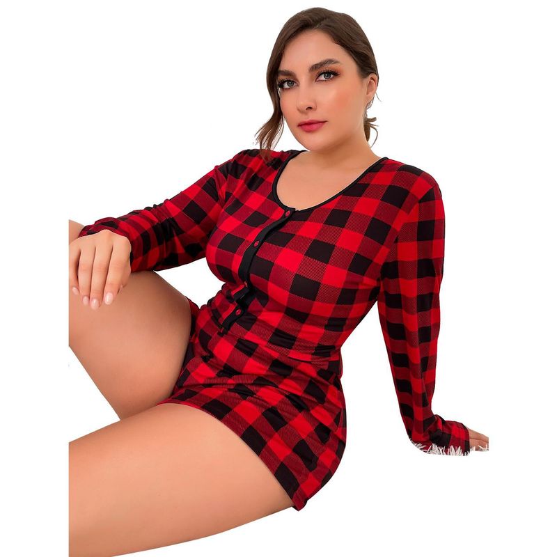 Pijama de una pieza de manga larga a cuadros rojos para mujer, talla grande, 100 kg_voghion.com