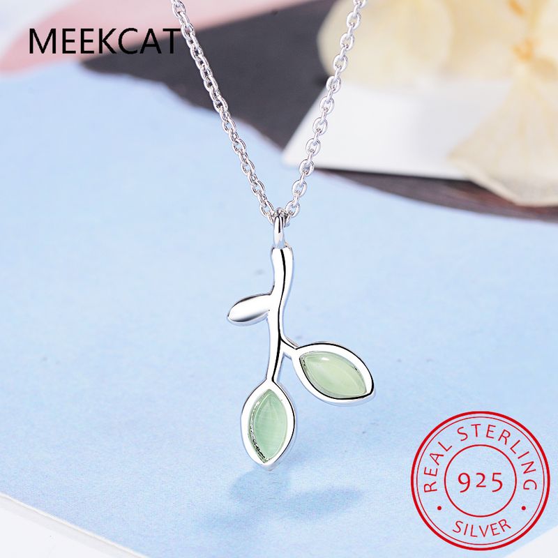 Collana con ciondolo in argento sterling con foglie di ramo d'ulivo e smalto verde, per donna, con pietre preziose, girocollo, catena da 45 cm_voghion.com