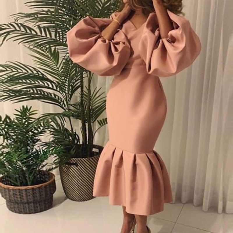 Jõulud Tänupühad Halloween Valentinipäev Ülisuur naiste ühevärviline V-kaelusega mullidega pikkade varrukatega kalasaba seelik Õhtukleit_voghion.com