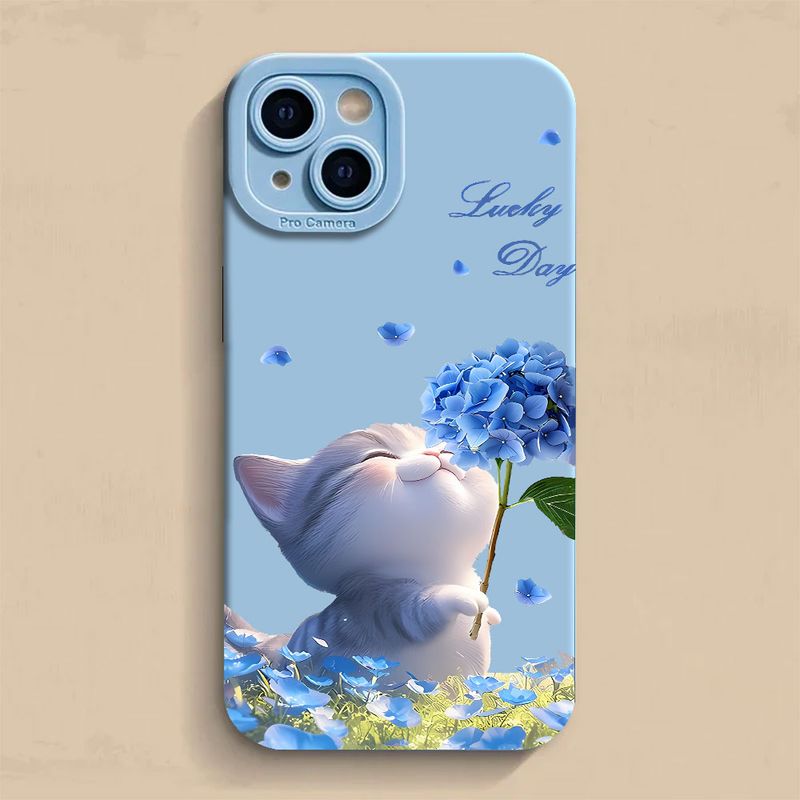 Custodia per telefono Lucky Cat Blue Flowers per iPhone 16 15 14 13 12 11 Pro Max 12 13 Mini XS XR X 8 7 14 15 Plus Cover morbida in silicone_voghion.com