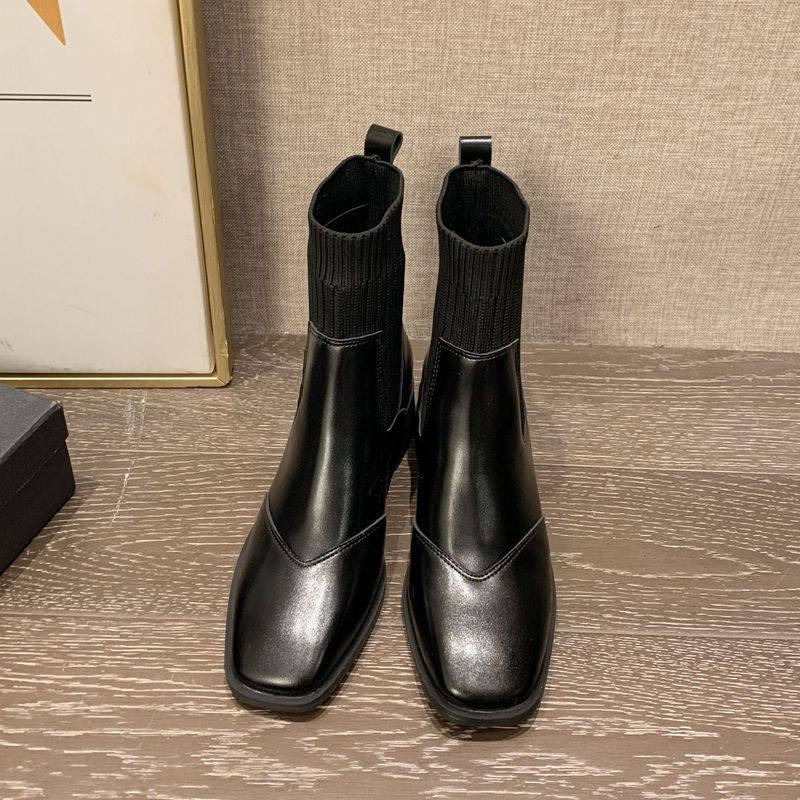 Autumn Winter Genuine Leather Knitted Sock Wool Thin Short Women Square Toe Chunky Heel Martin Boots_voghion.com