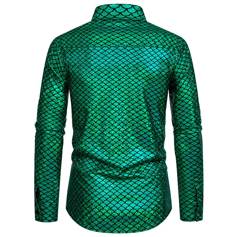 Abbigliamento da uomo Camicia a maniche lunghe da uomo alla moda per banchetto con stampa in oro a caldo in scala di pesce_voghion.com