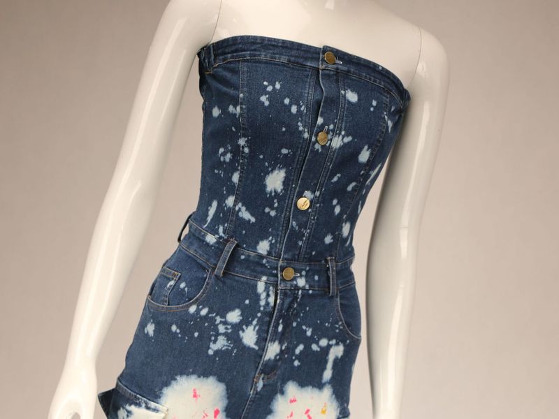 Women's Clothing Tight Waist Elastic Strapless Workwear Denim Jumpsuit _voghion.com