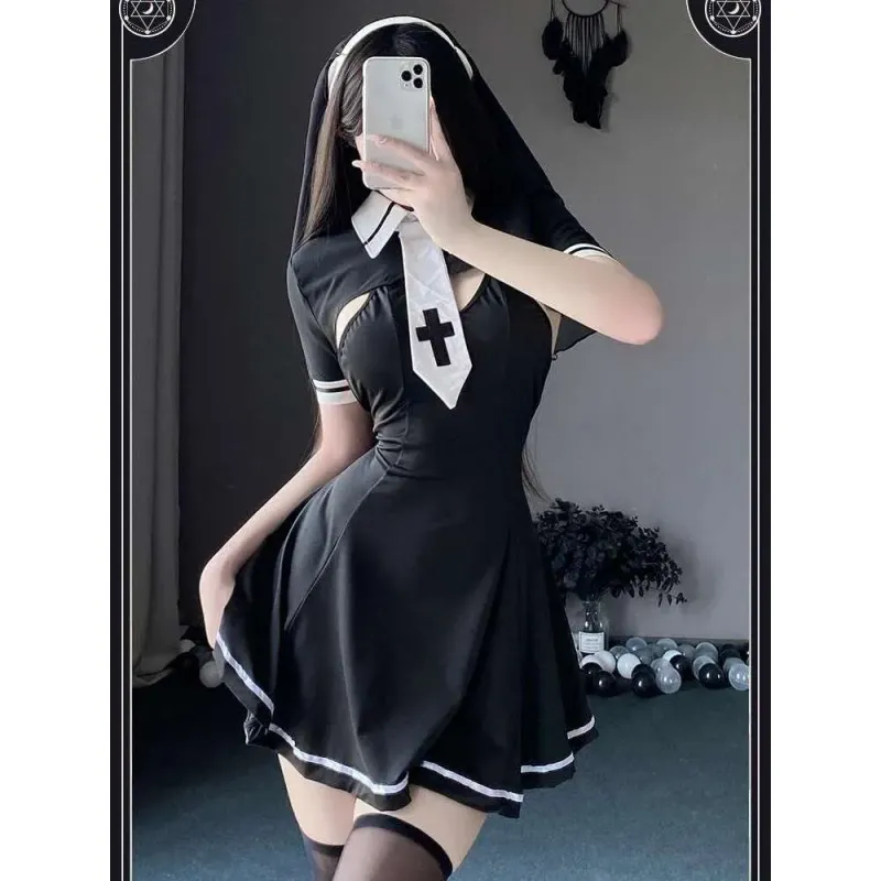 2Pcs/Set Sexy Nun Cosplay Costume For Women Cute Anime Roleplay Gerie Uniform With Headwear Halloween Performance Fancy_voghion.com