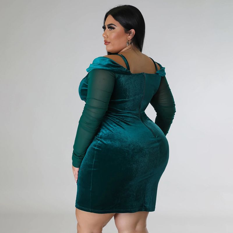 Women's Clothing large size velvet fabric dress Sexy V-neck hip-hugging large size dress see-through long sleeves_voghion.com