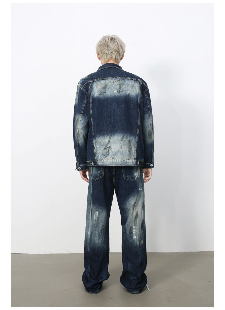 Roupas masculinas retrô jeans desgastado jaqueta lavada solta calças retas_voghion.com
