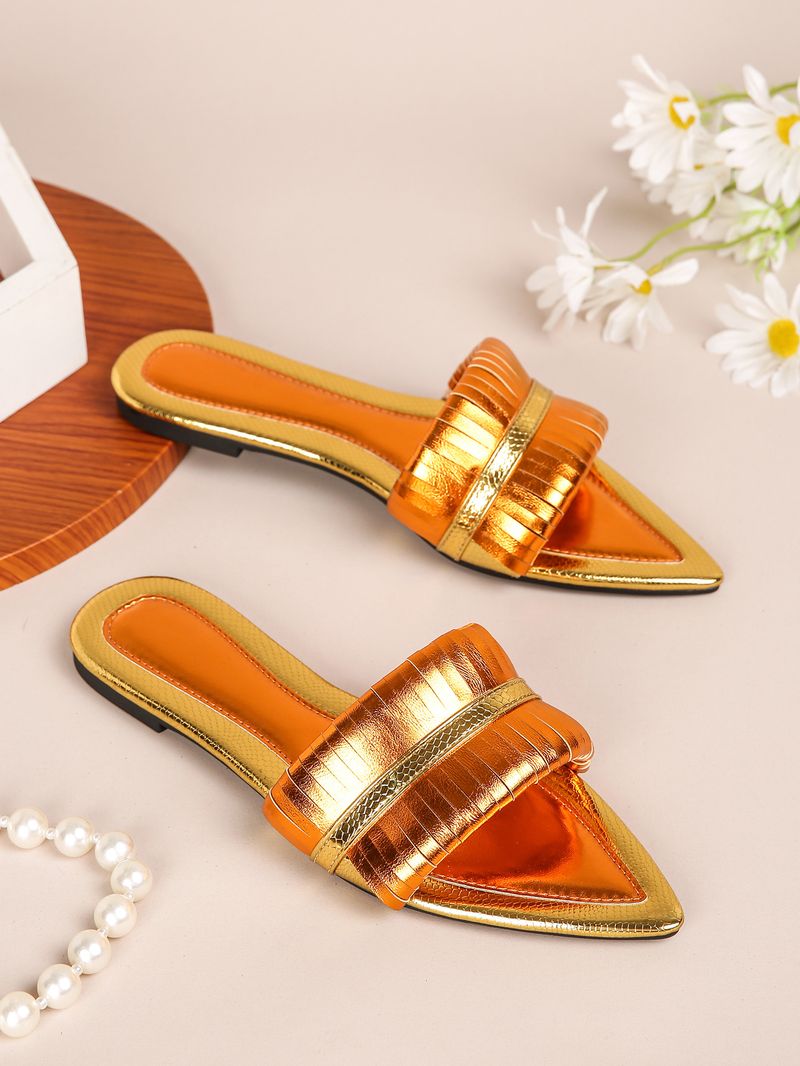 Damenschuhe Heißer Verkauf Flache Hausschuhe Sommer Neues Nischendesign Spitz Offene Spitze Breite Sandalen Mittlerer OstenGoldene Schuhe_voghion.com