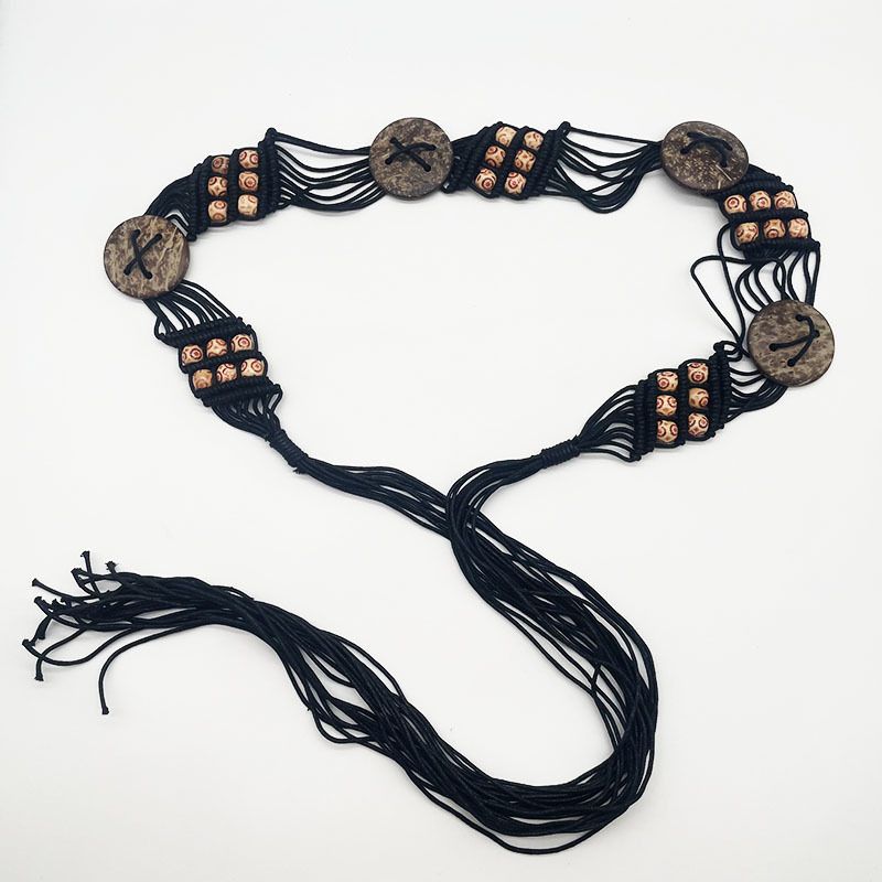 Ceinture de pantalon en corde tissée à la cire pour femme, style ethnique unique, tendance, perles, coquillages de noix de coco, pompon_voghion.com