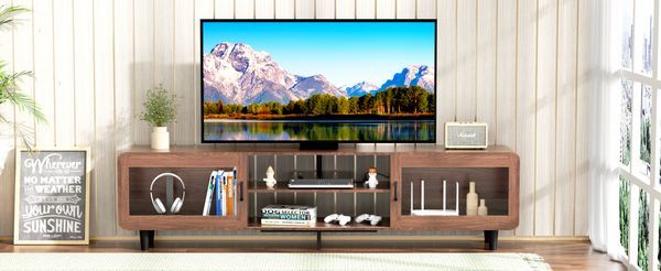 Mid Century Modern TV Stand For 55/60/65/70 Inch TV, Wood Entertainment Center With Power Outlets, Media Console With Sliding Doors And Open Shelf F_voghion.com