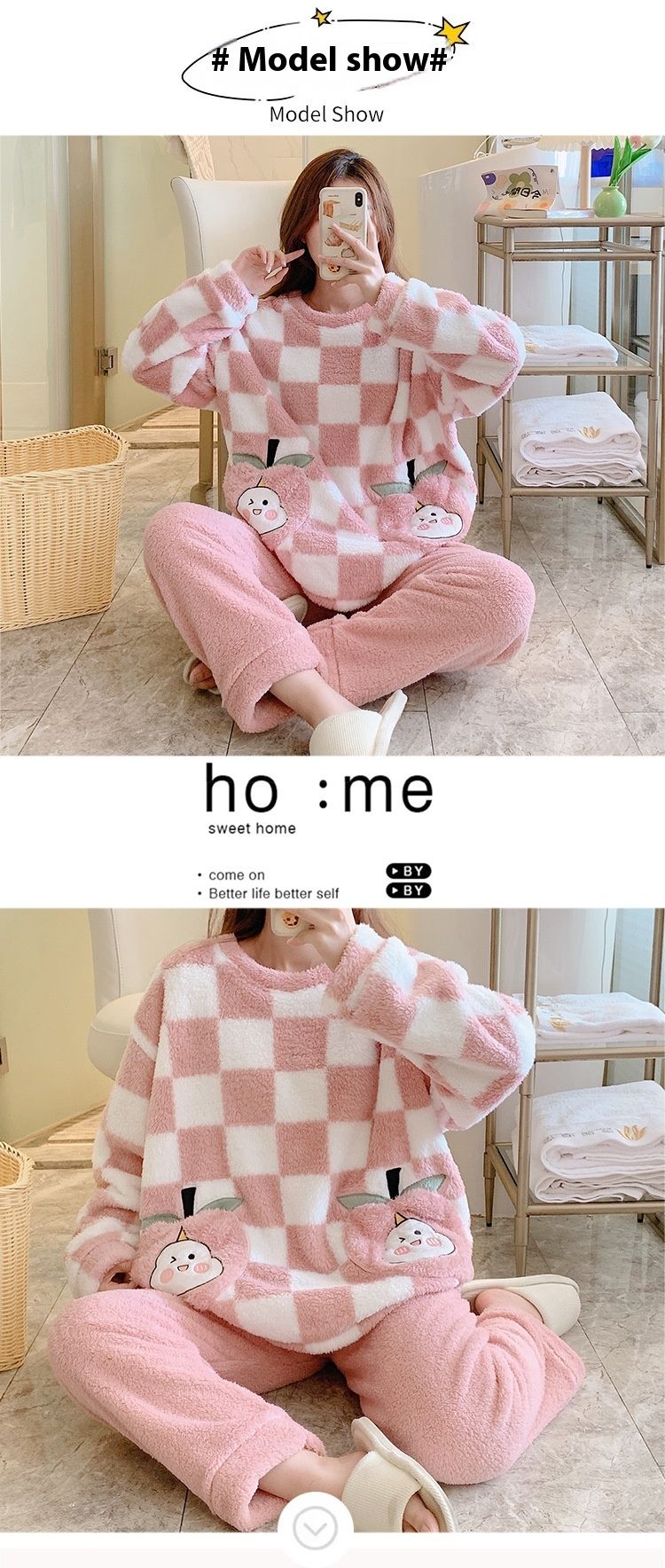 Langhaariger Pyjama für Damen im Winter 2023, süße karierte Langarmhose mit Übergröße 260 Pfund, molliges MM_voghion.com
