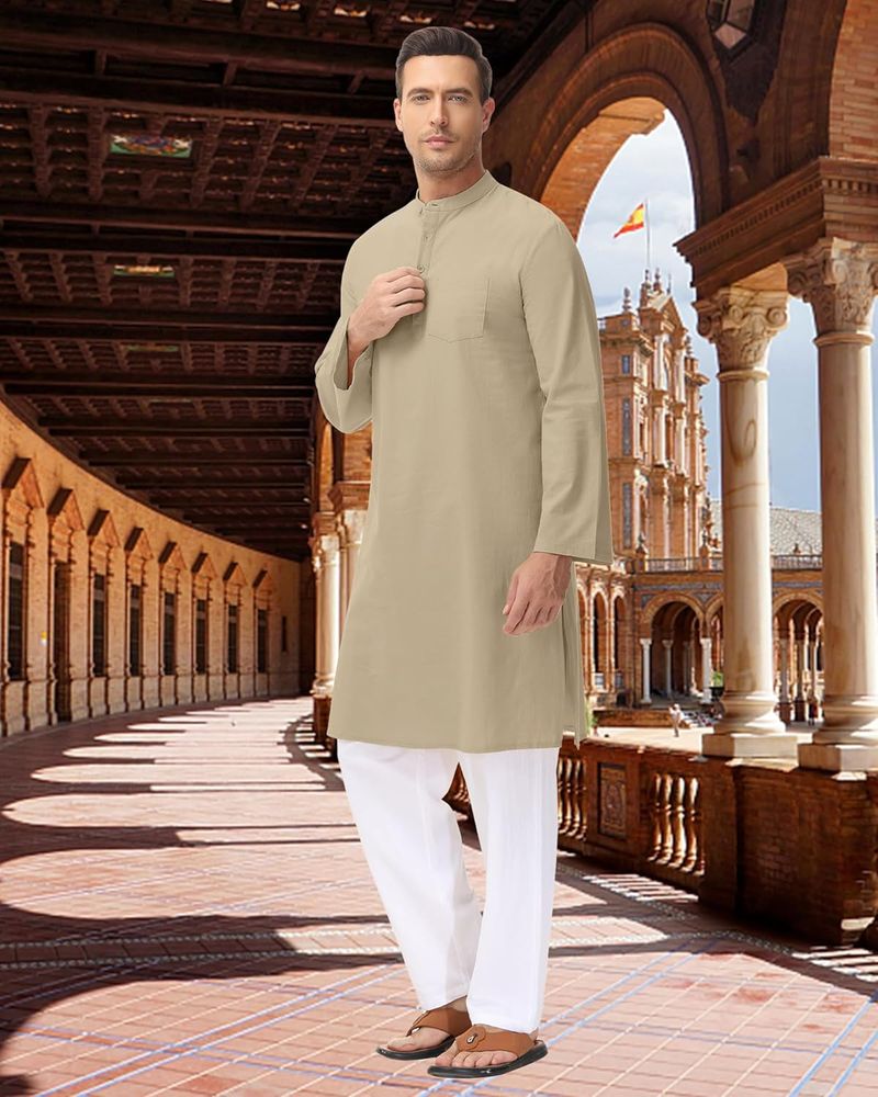 2025 Heren Moslim Gewaad Hals Lange Mouw Kaftan Knoop Hoge Thobe M-3XL_voghion.com