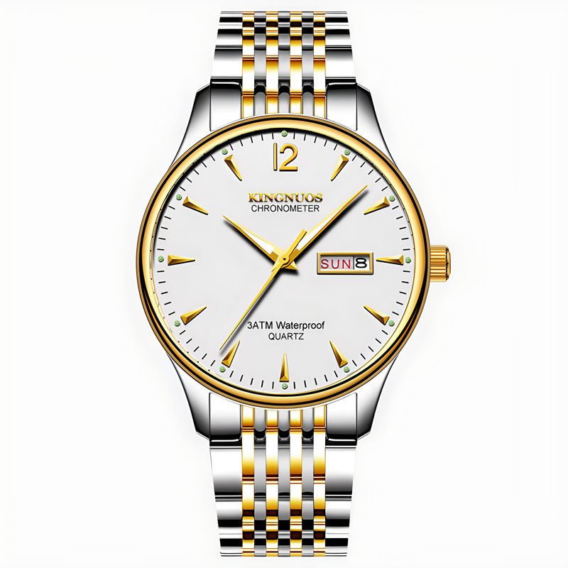 High-End-Mode Herren Gold Doppelkalender Stahlband wasserdichte Uhr_voghion.com