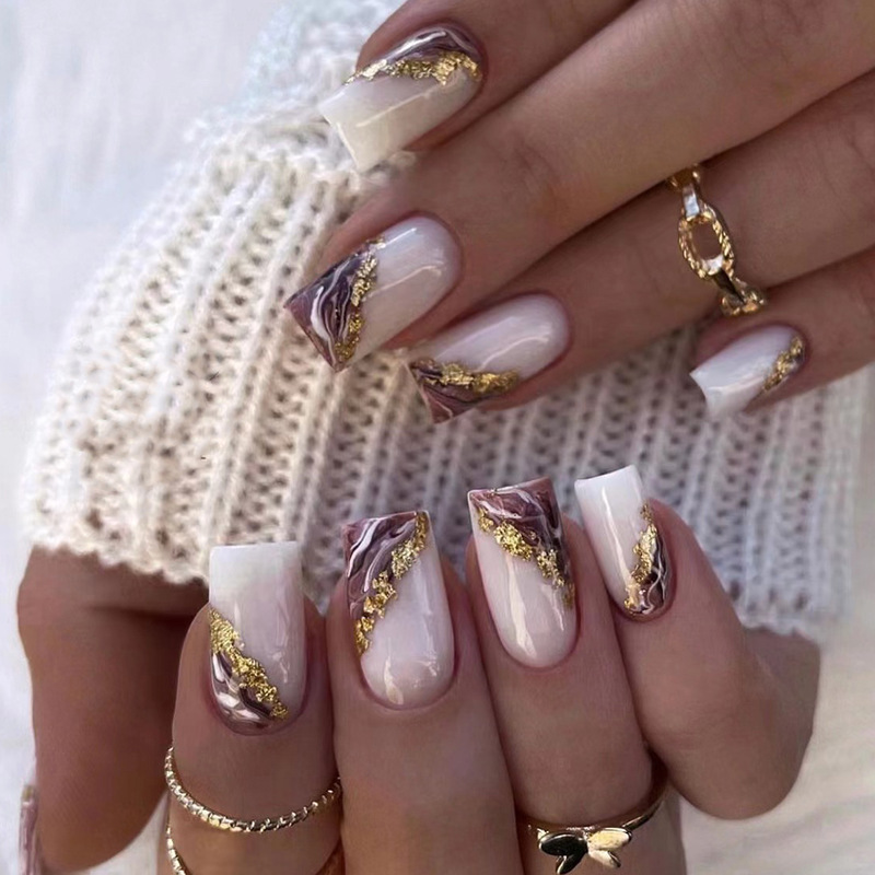 Faux ongles à tête carrée, 24 pièces, avec feuille d'or, mi-longs, cercueil français, couverture complète_voghion.com