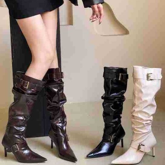 Botas femininas estilo ocidental, novas botas de salto médio alto e enrugadas, outono e inverno 2025_voghion.com
