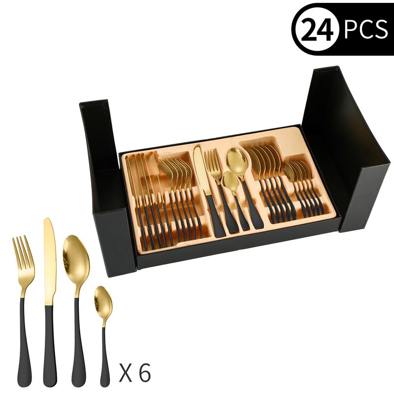 Edelstahl 1010 Geschirr 24-teiliges Set Western Geschirr 6 Personen Doppelseitige Craft Box Steak Messer Gabel und Löffel_voghion.com